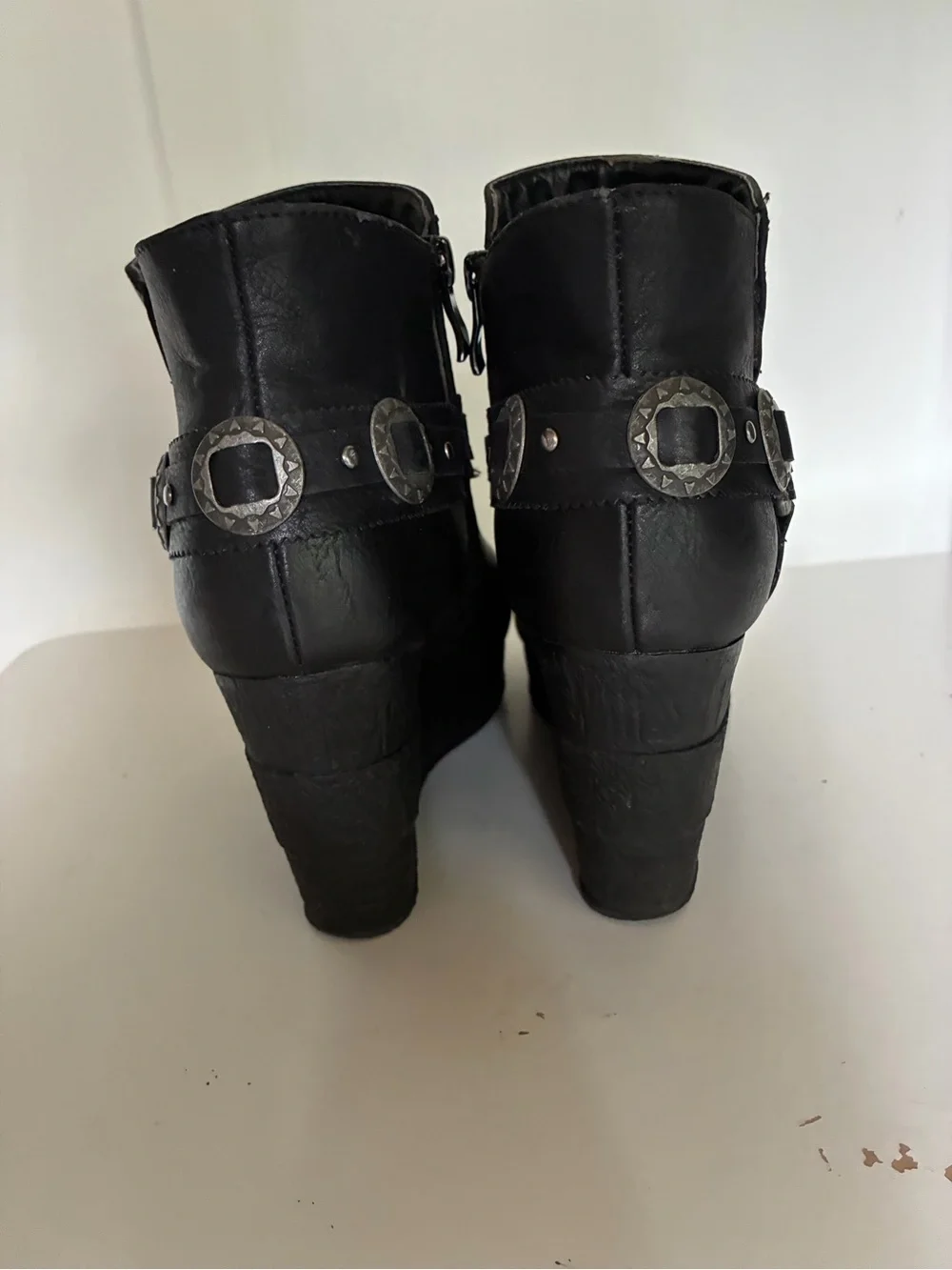 Sbicca Black Wedge Ankle Booties with Studded Harness Detail